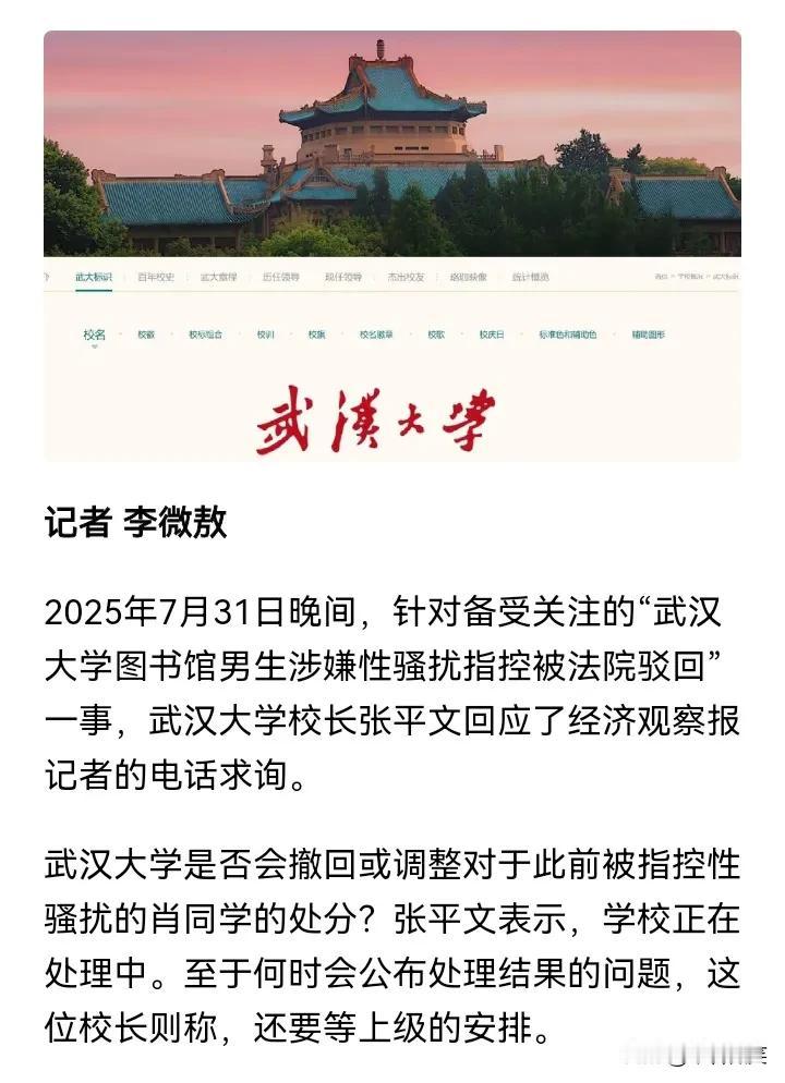 对于肖同学的处分，武汉大学校长张平文表示：学校正在处理中。至于何时会公布处理结果