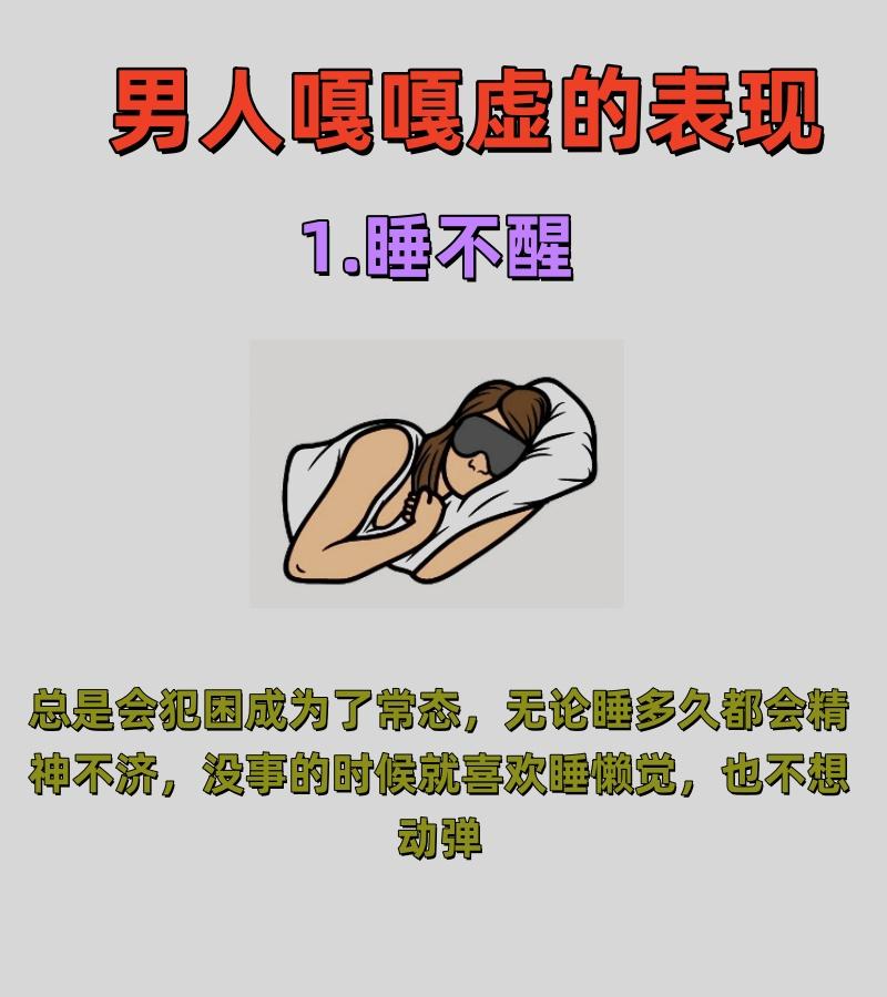 男人嘎嘎虚的表现有哪些？

1.睡不醒
2.嘴巴干
3.出汗多
4.掉头发
5.