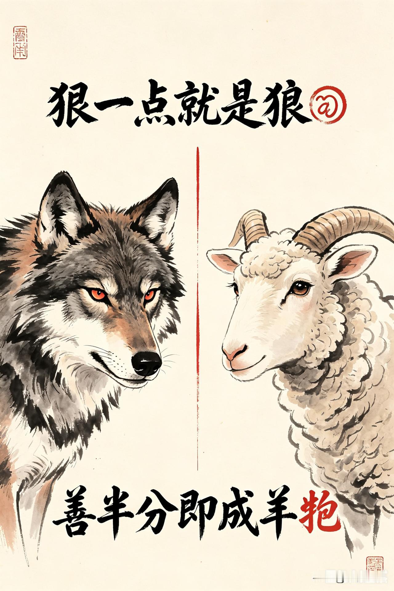 上联：狠一点就是狼🐺
下联：善半分即成羊🐏
这对子工整吗？还有没有更好的？
