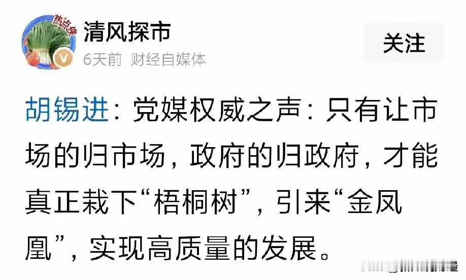 胡锡进对政企的定位非常准确：市场的归市场，政府的归政府。在此给他点一个大大的赞，