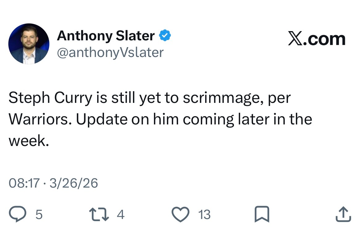 “勇士队官方表示，斯蒂芬·库里目前仍未参加对抗训练。有关他的伤情更新将于本周晚些