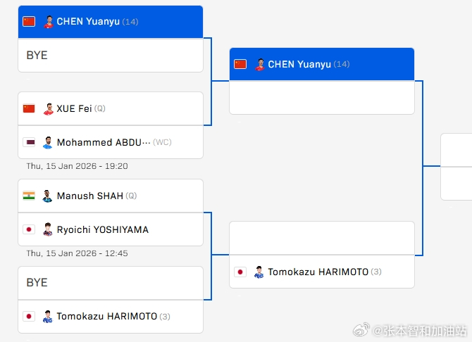 wtt多哈冠军赛2026张本智和 薛飞进入正赛，落位张本智和所在的6/8区。6/