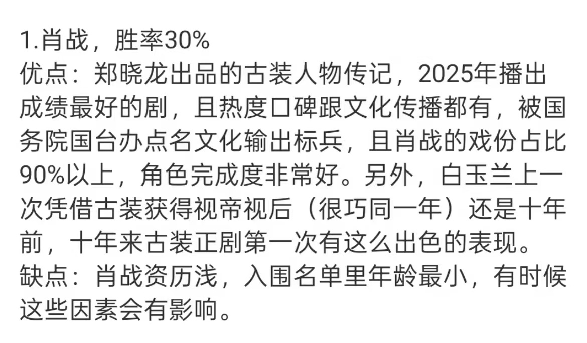 网友预测白玉兰视帝胜率网友预测白玉兰最佳男主 这是网友分析预测的白玉兰视帝胜率，