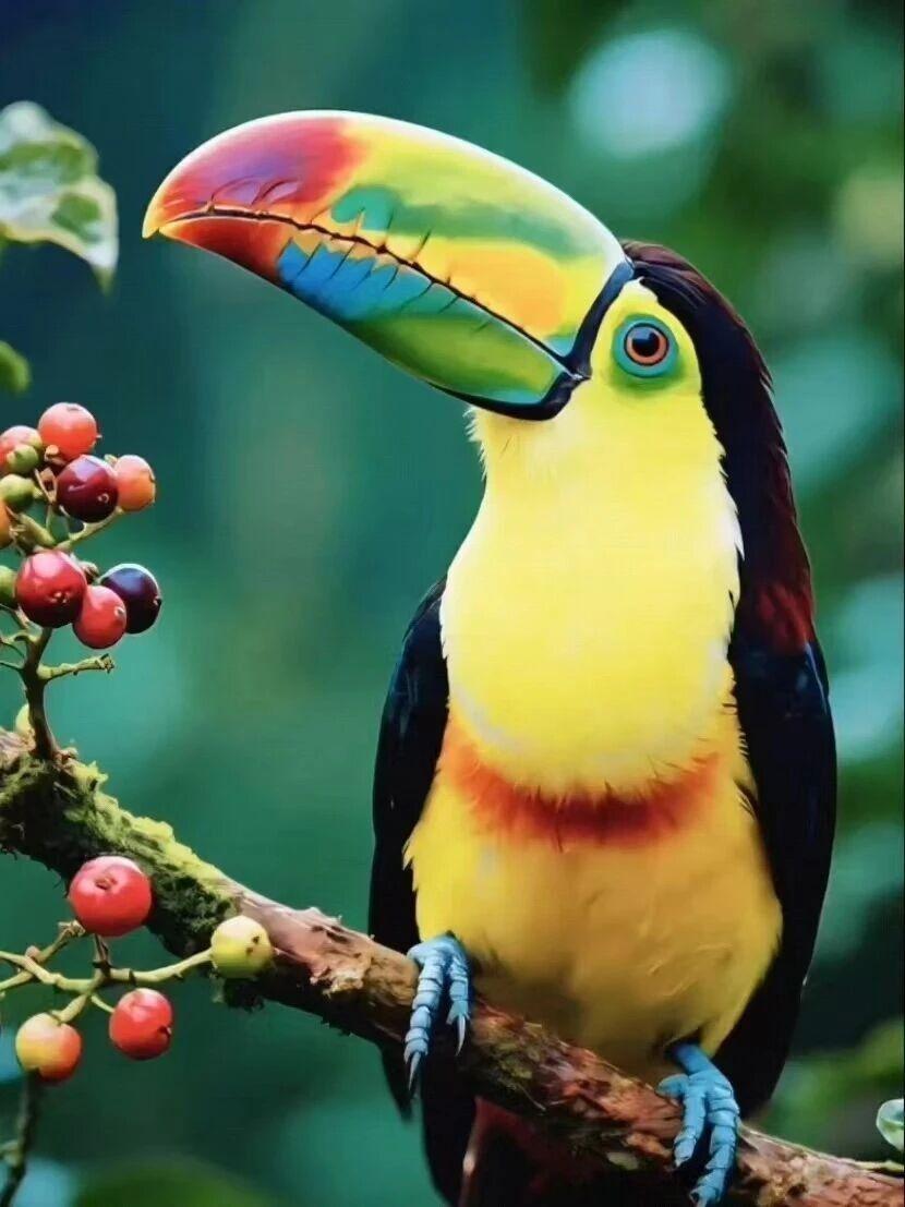 彩虹巨嘴鸟是厚嘴巨嘴鸟的指名亚种，以其标志性的巨大彩色喙和鲜艳的羽毛成为热带雨林