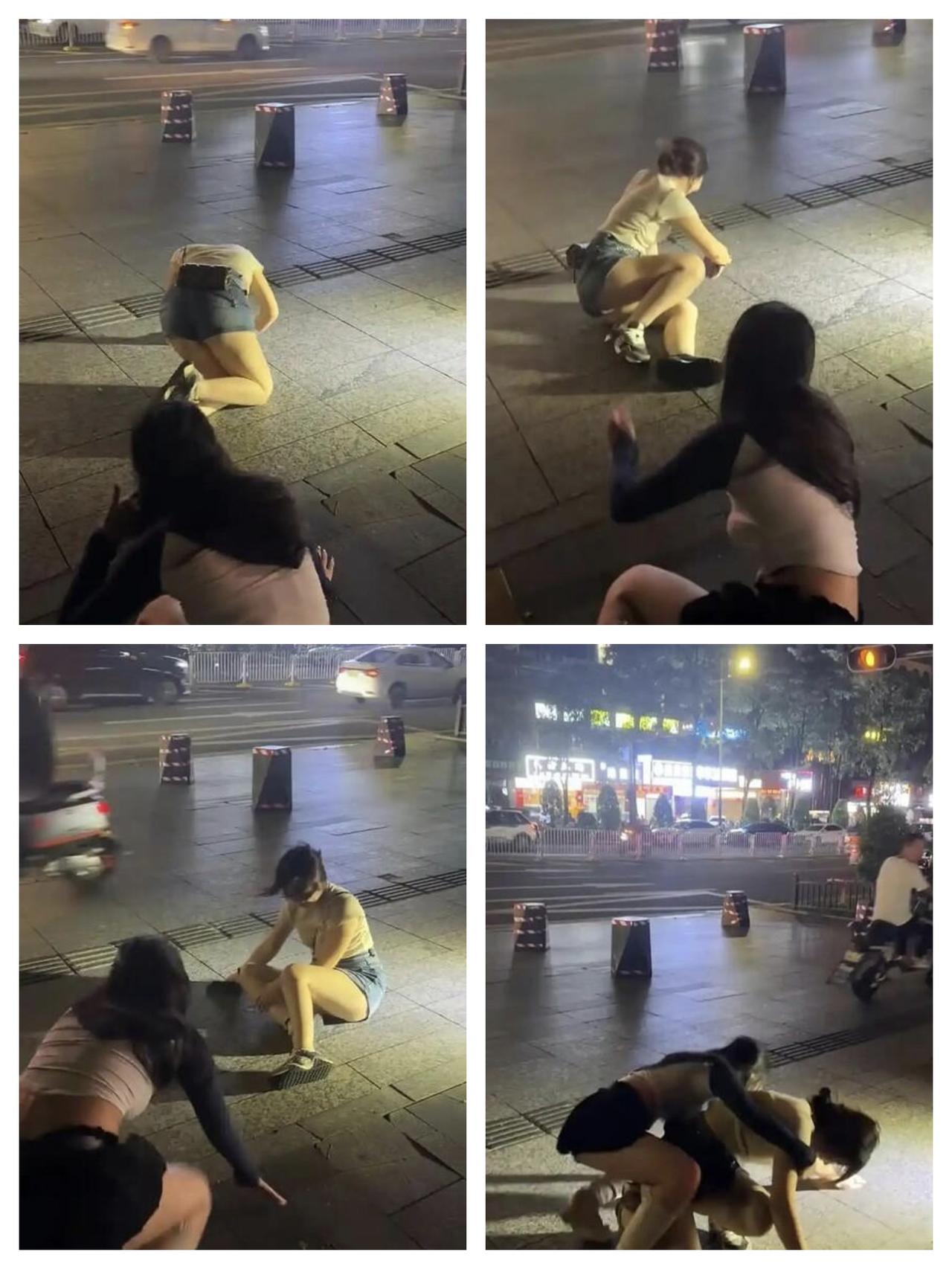 女孩与闺蜜聚会双双醉酒，夜晚在街头打滚。
一热心路人记录了这一画面，并帮忙联系了
