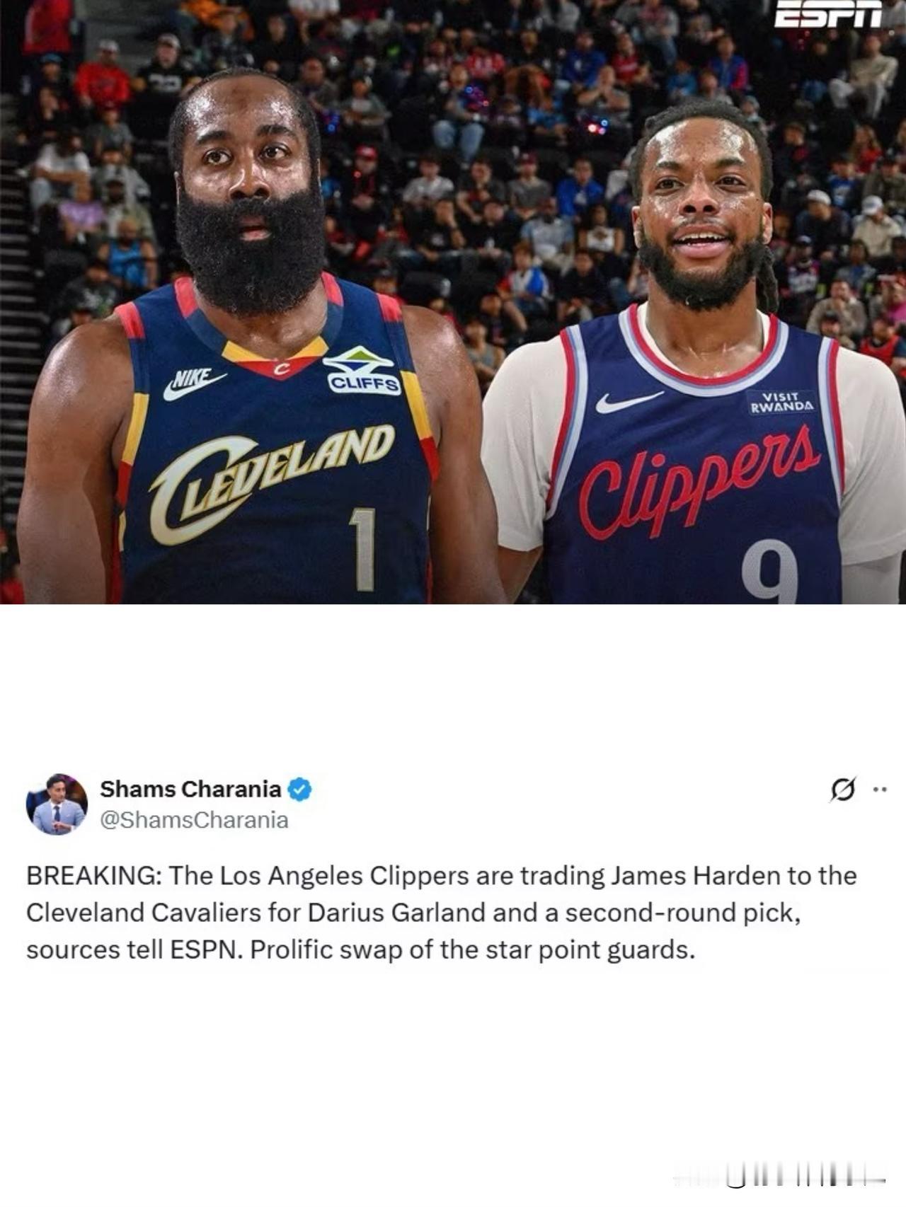 哈登6年换4队，从球队绝对核心沦为联盟流浪汉？
据美名记Shams报道，洛杉矶快