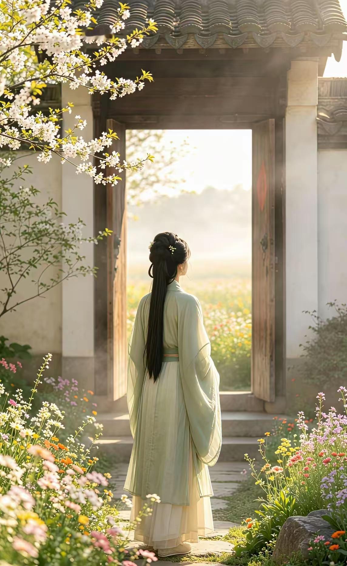 金字经·倚门望
庭院芳菲暖，
伊人倚画栏。
望断天涯何日还。
欢，陌头蹄影残。