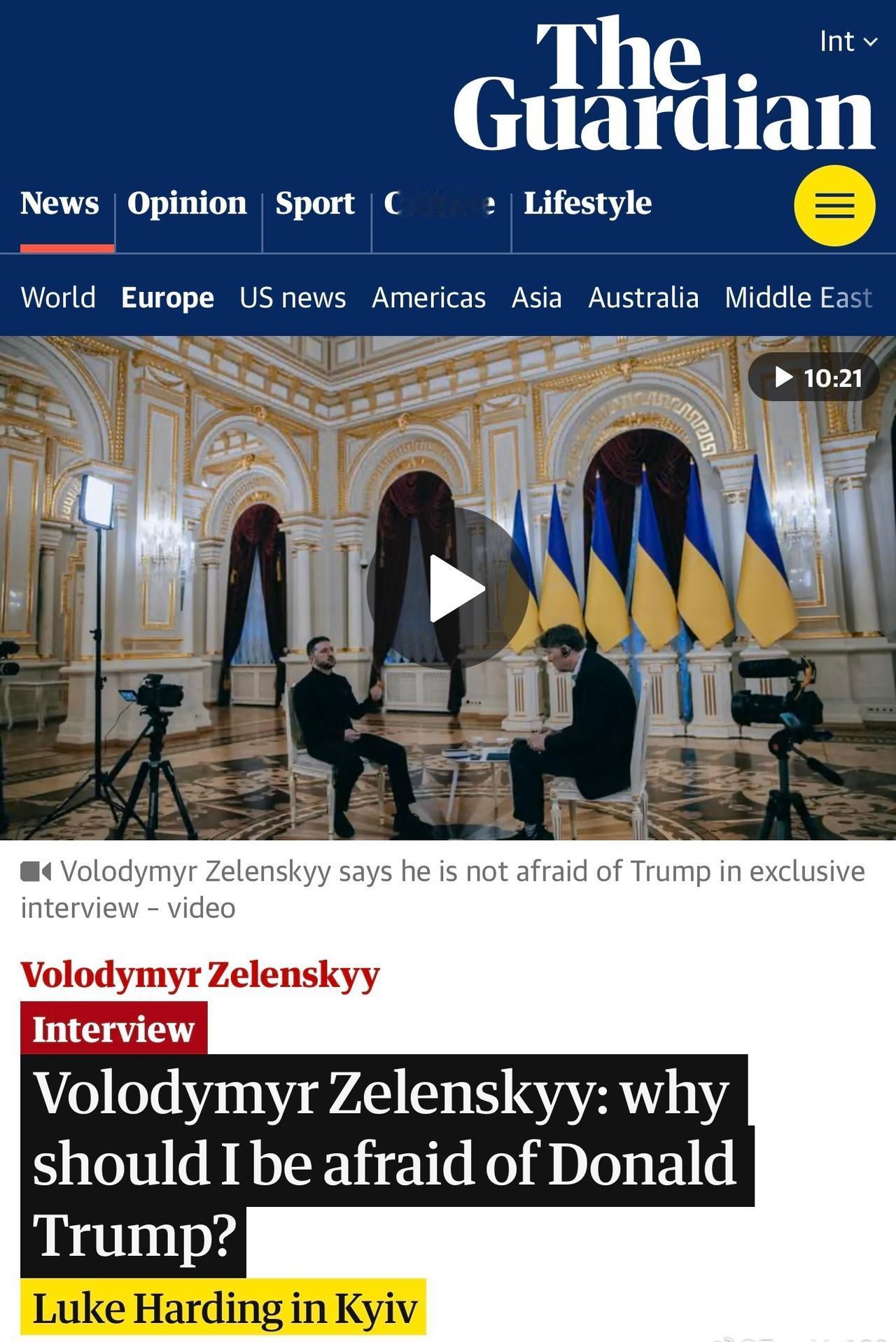 澤連斯基總統在接受《衛報》採訪時說：美國計劃向美國製造商訂購27套「愛國者」飛彈