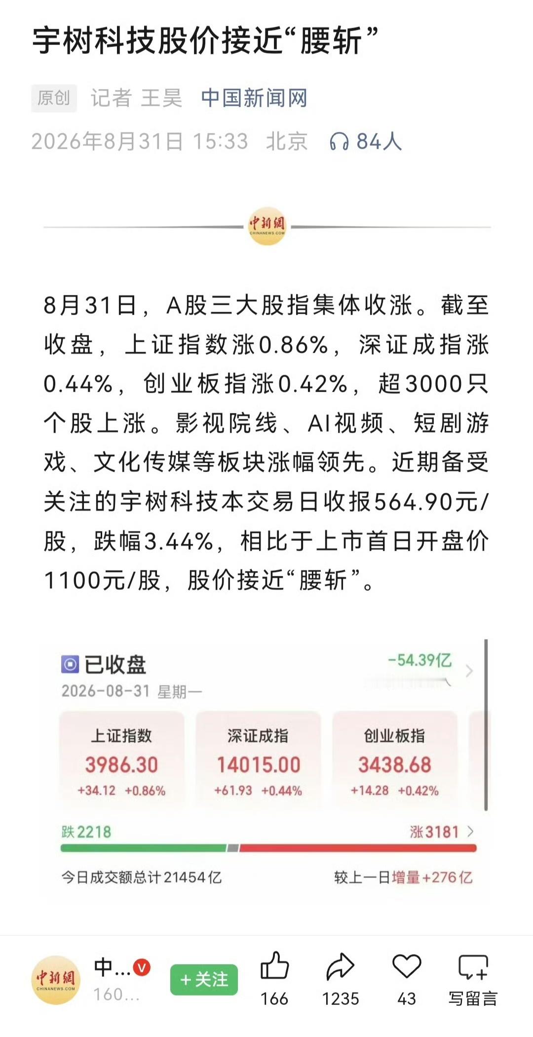 宇树股价正式腰斩真的亲眼见证了一场资本过山车。上市首日直接冲到高点，被人形机器人