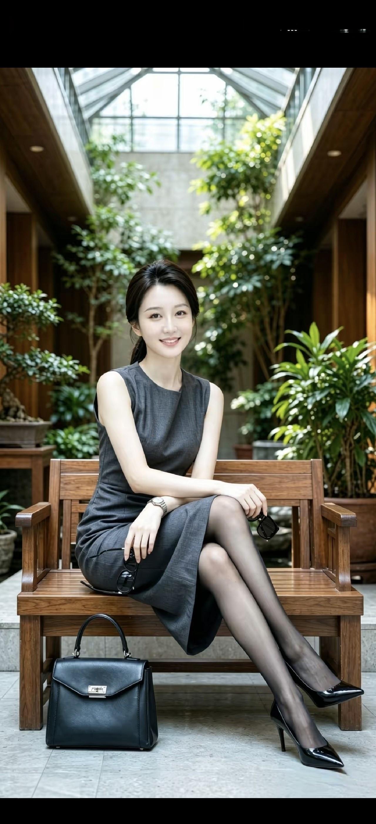这位女士坐在长椅上，看起来很优雅。