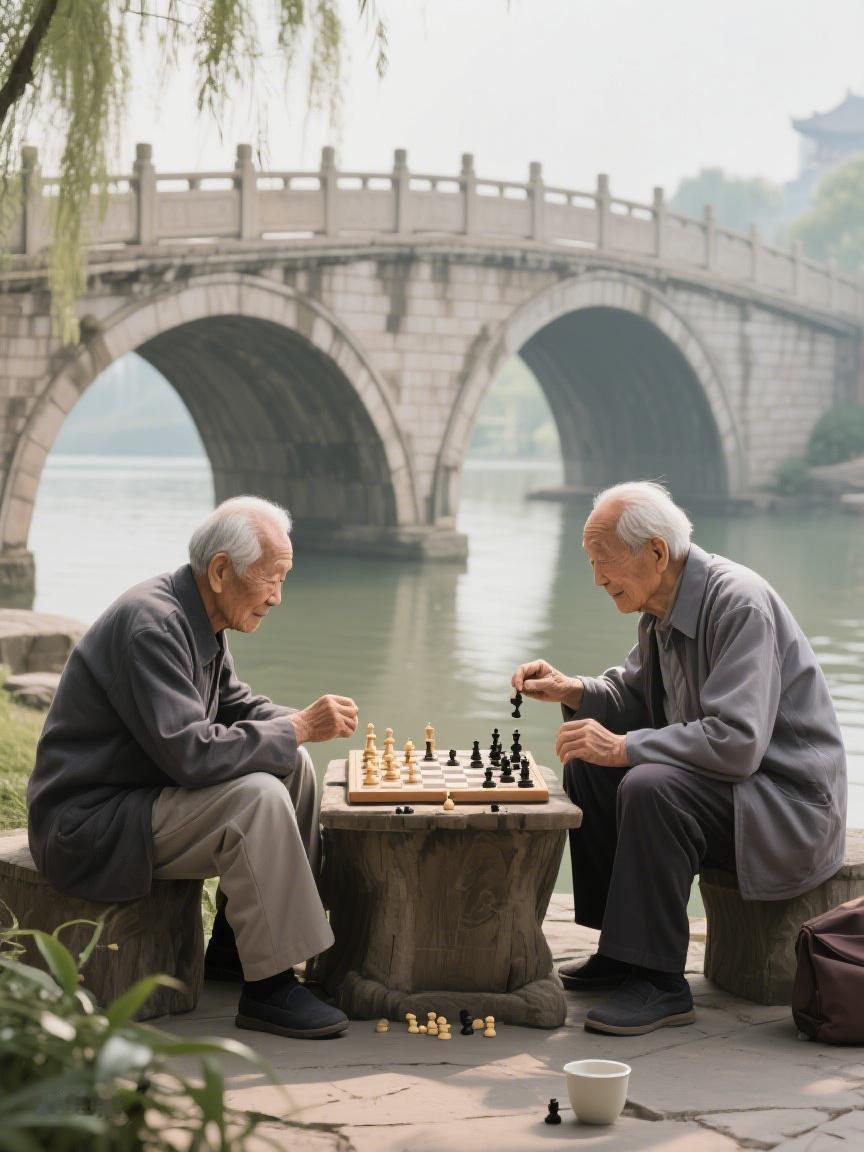 AI妙生图河畔石桥下，两位老者对弈，棋盘上是步步为营，人生又何尝不是一场无声博弈