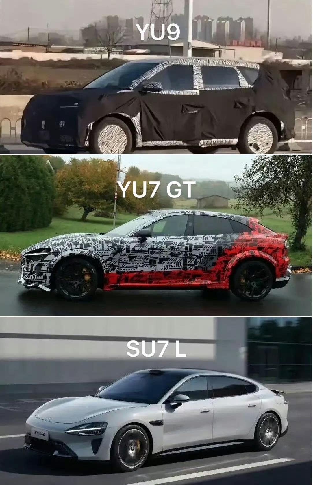 家庭大型SUV：YU9
性能SUV：YU7 GT
加长行政轿车：SU7 L

没
