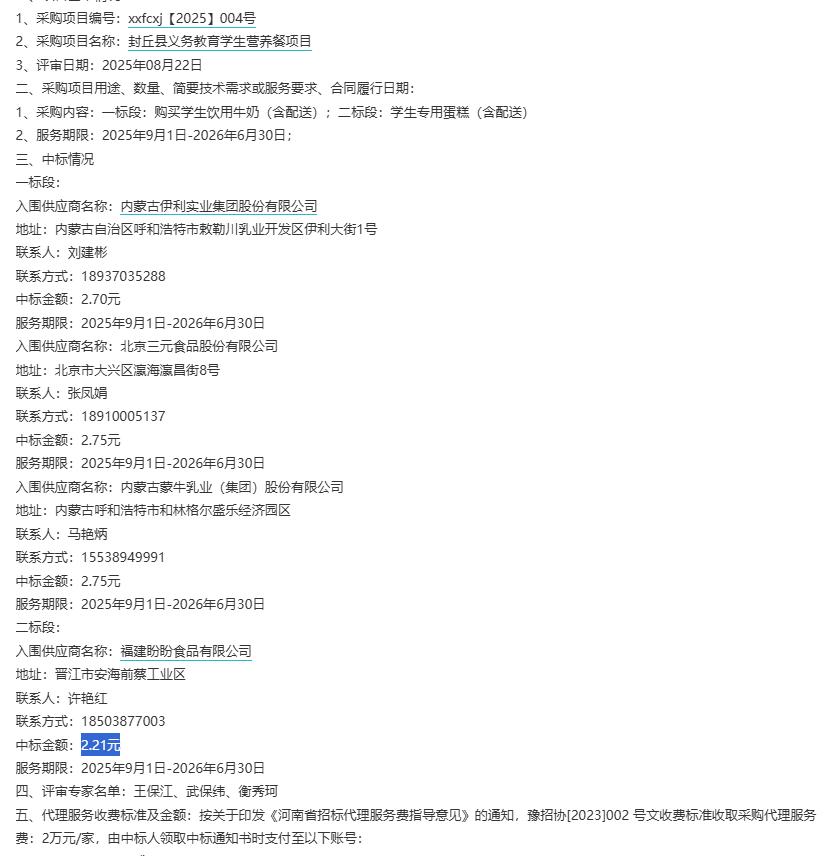 城市观察员封丘县义务教育学生营养餐项目-结果公告，牛奶2.70元/盒，小蛋糕食品