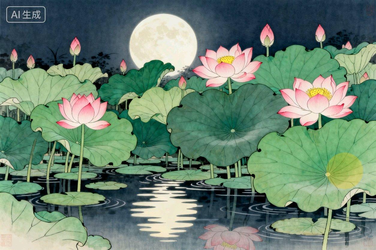 池边看鱼跃，月下赏荷开