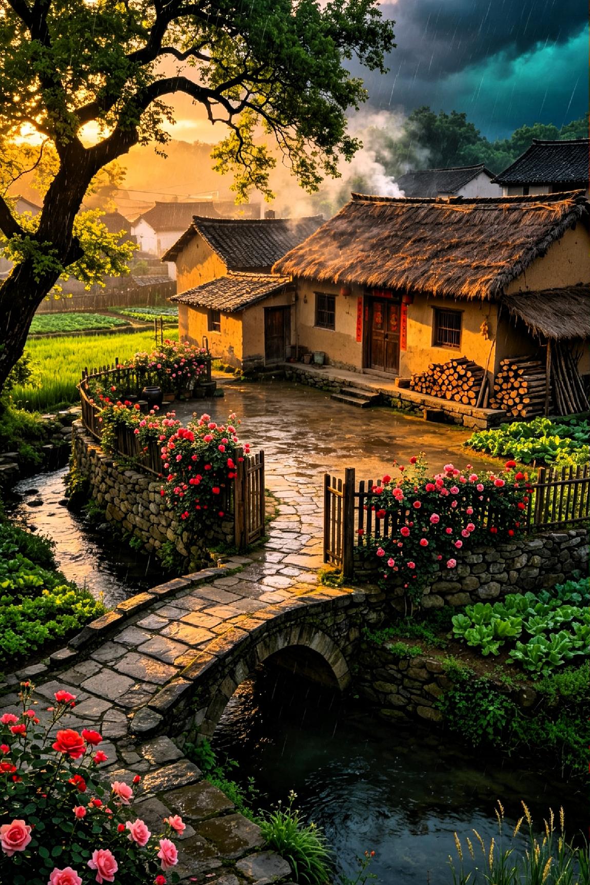 《暮雨村居》

 
细雨斜烟暮野悠，山村错落枕寒流。

石桥小径通深院，老槐浓荫