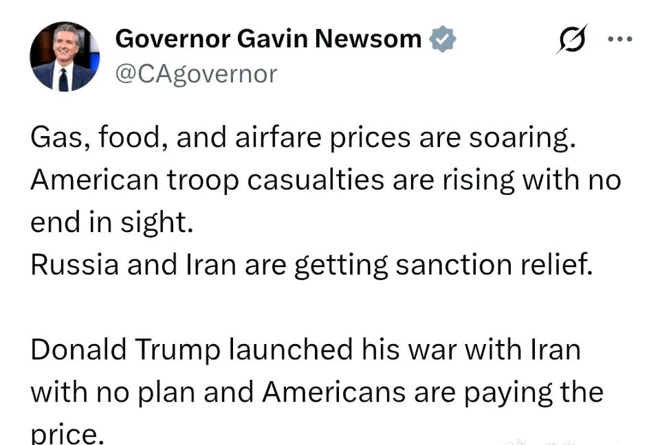 加州州长抨击特朗普：

汽油、食品和机票价格都在飙升。

美军伤亡人数持续上升，
