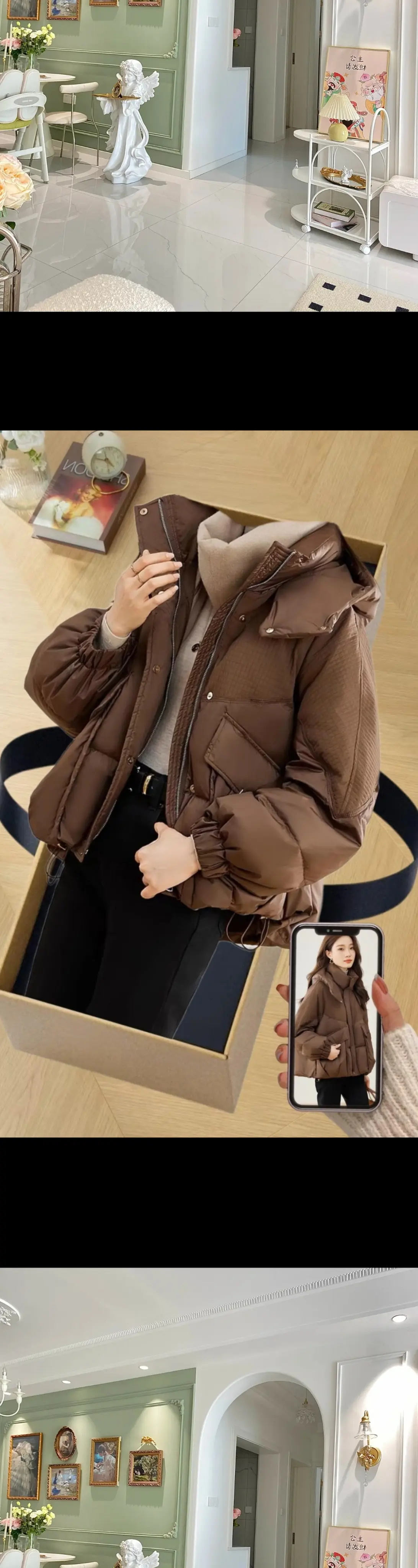 姐妹，这款韩版短款棉服外套做工品质真的不错，里面是羽绒棉的填充，穿在身...