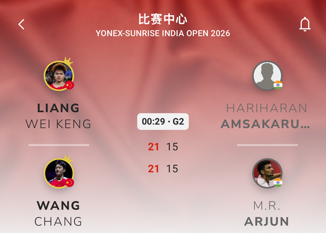 梁王驾到梁王组合 梁王加油  -比赛结果-2026印度羽毛球公开赛1/8赛梁伟铿