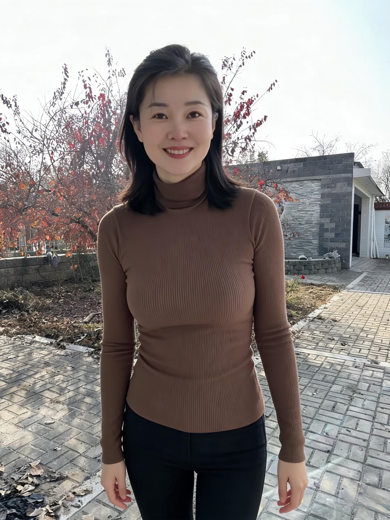 郊园秋意浓，丹叶映霜容。
褐袂凝云暖，乌裳衬玉秾。
笑开星眼媚，立处晓风慵。
岁