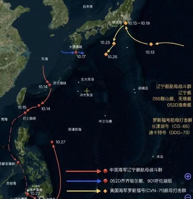 西太平洋同步出现两组大规模海上兵力调动。美日牵头的利剑二期演习，是4场联动军演里
