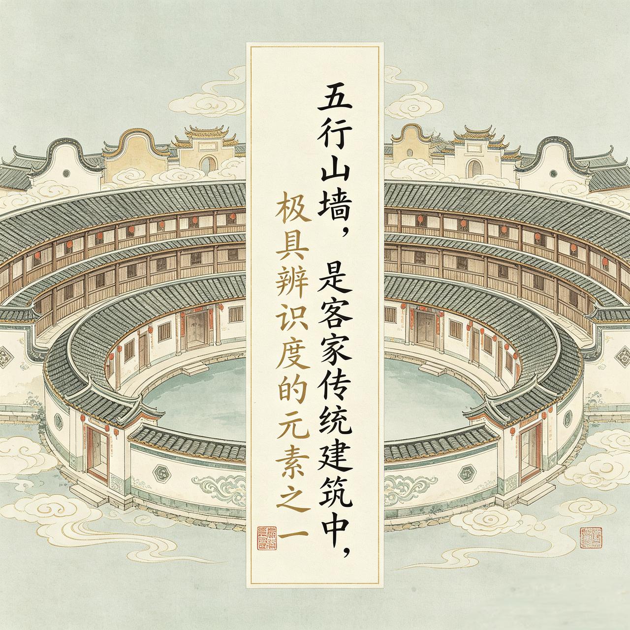 “五行山墙”，是客家传统建筑中，极具辨识度的元素之一。它将中原古老的阴阳五行哲学