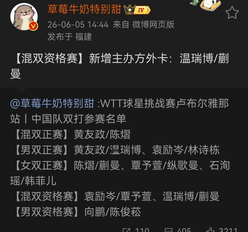 恭喜蒯曼/温瑞博获得卢布尔雅那站球星挑战赛混双外卡！
卢布尔雅那球星挑战赛6月1
