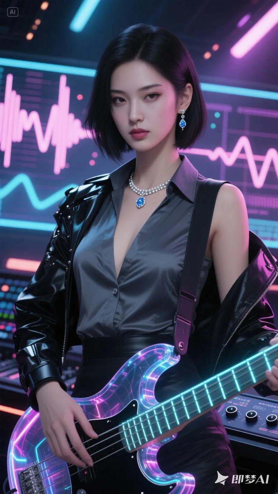 东方美女气质Ai未来科技风，电吉他少女那样的服饰搭配绝了。
下面是Ai生图指令：