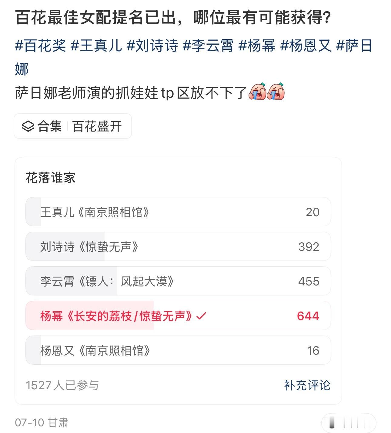 百花奖101人预测结果对一同提名的演员没啥意见，但预测就预测，不懂这个gzh文案