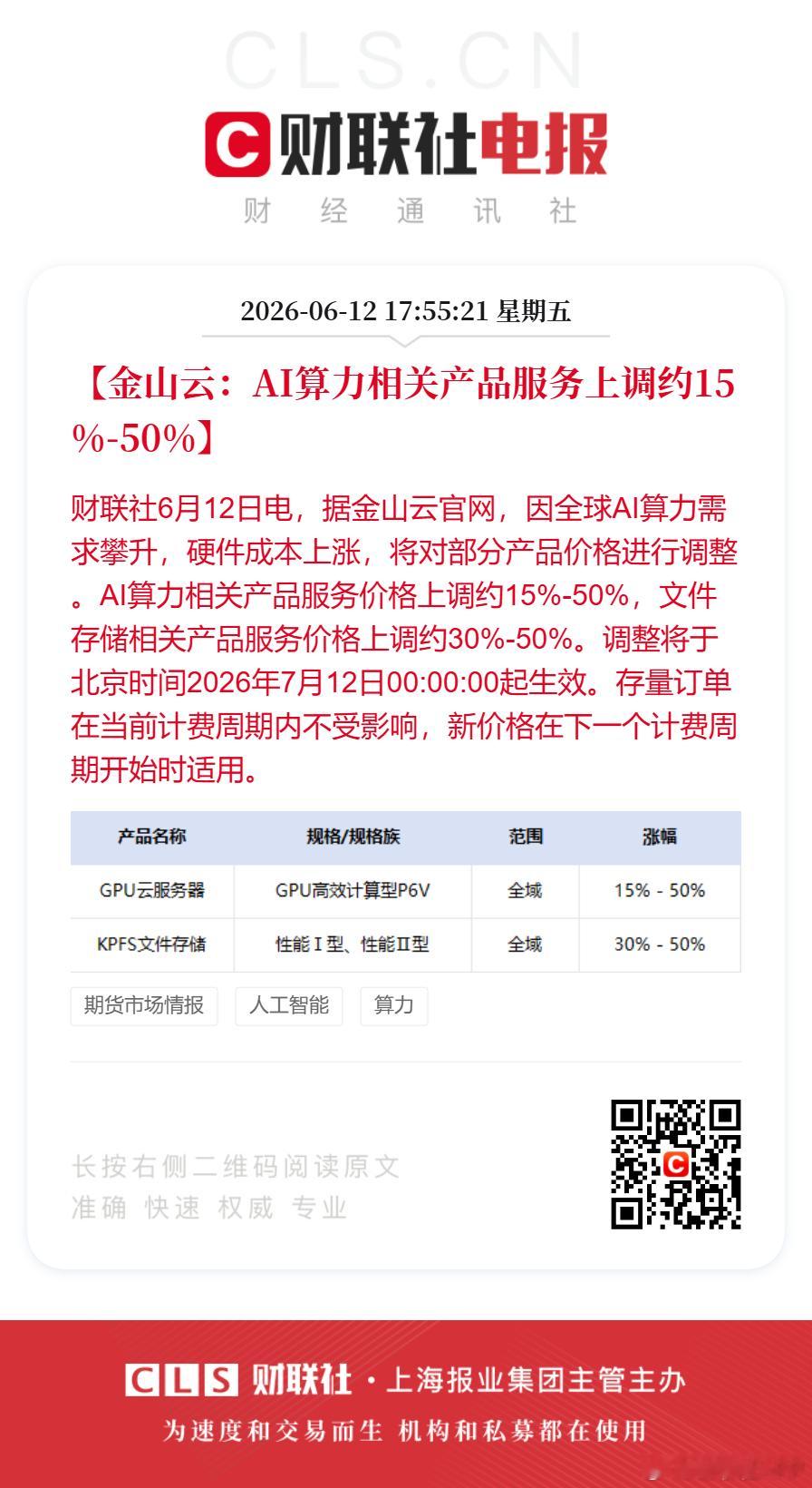 金山云涨价【金山云：AI算力相关产品服务上调约15%-50%】财联社6月12日电