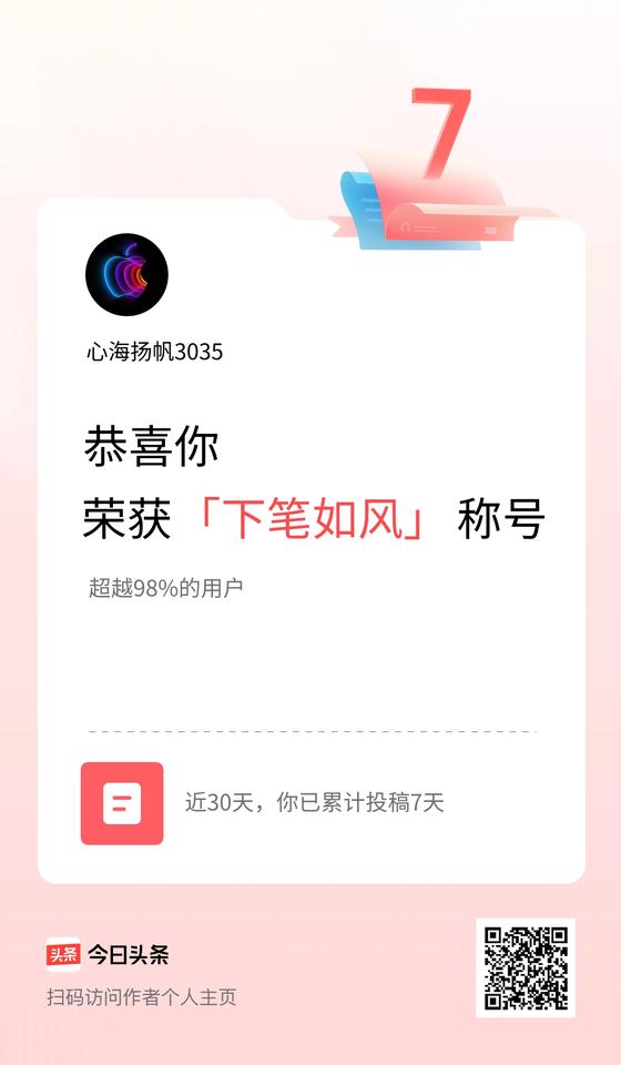 我在头条30天内投稿打卡7天，获得“下笔如风”称号