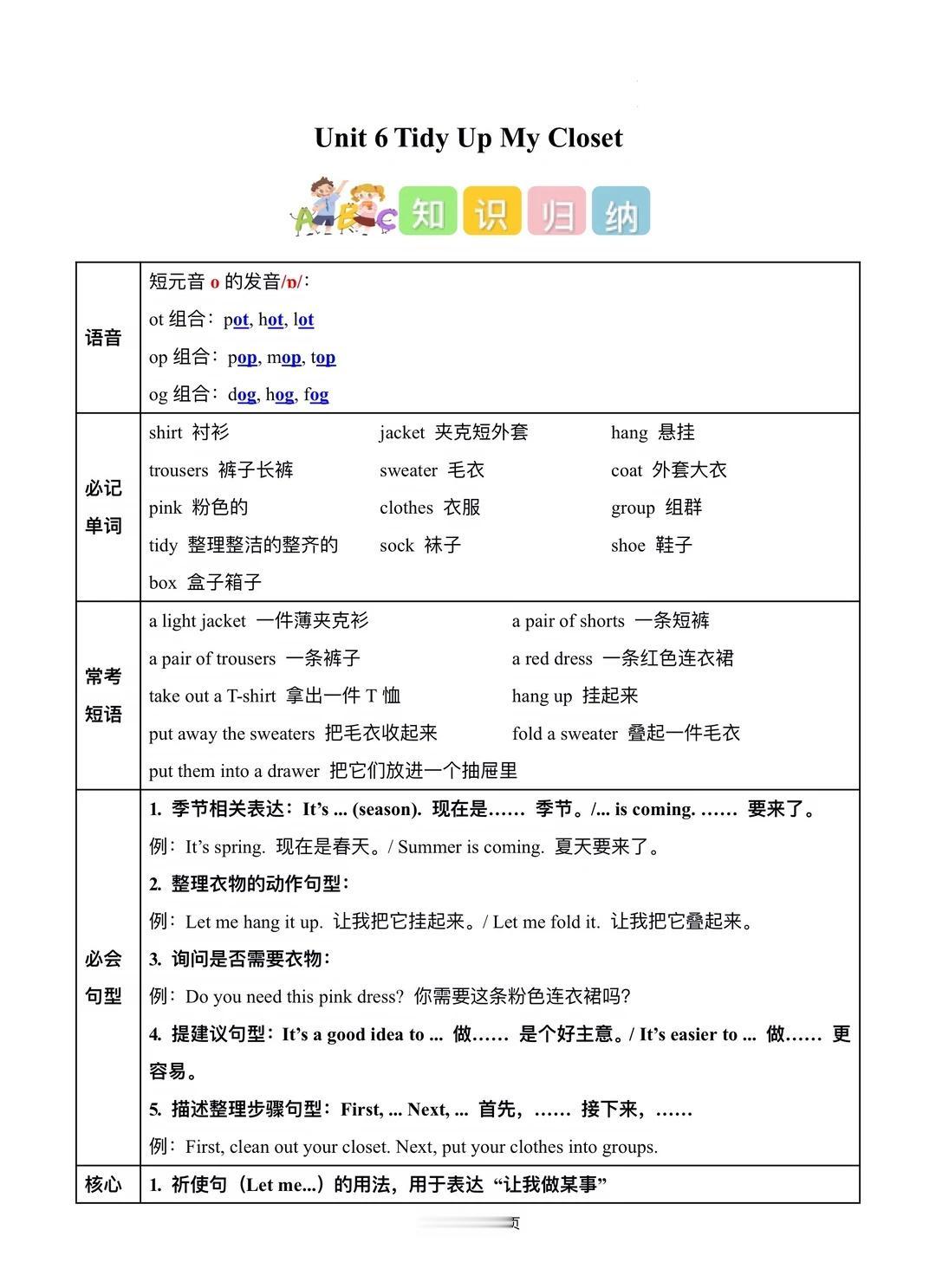 广州新版教材四下u6知识总结➕习题
Unit 6 Tidy Up My Clos
