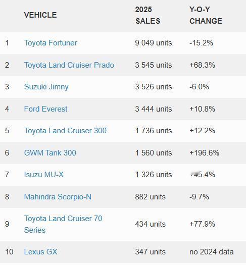 2025年南非硬派SUV销量排行榜，坦克300入榜前十

坦克300销量激增近2