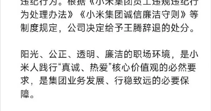因为泄露公司机密存在利益冲突 小米中国区市场部总经理王腾被开