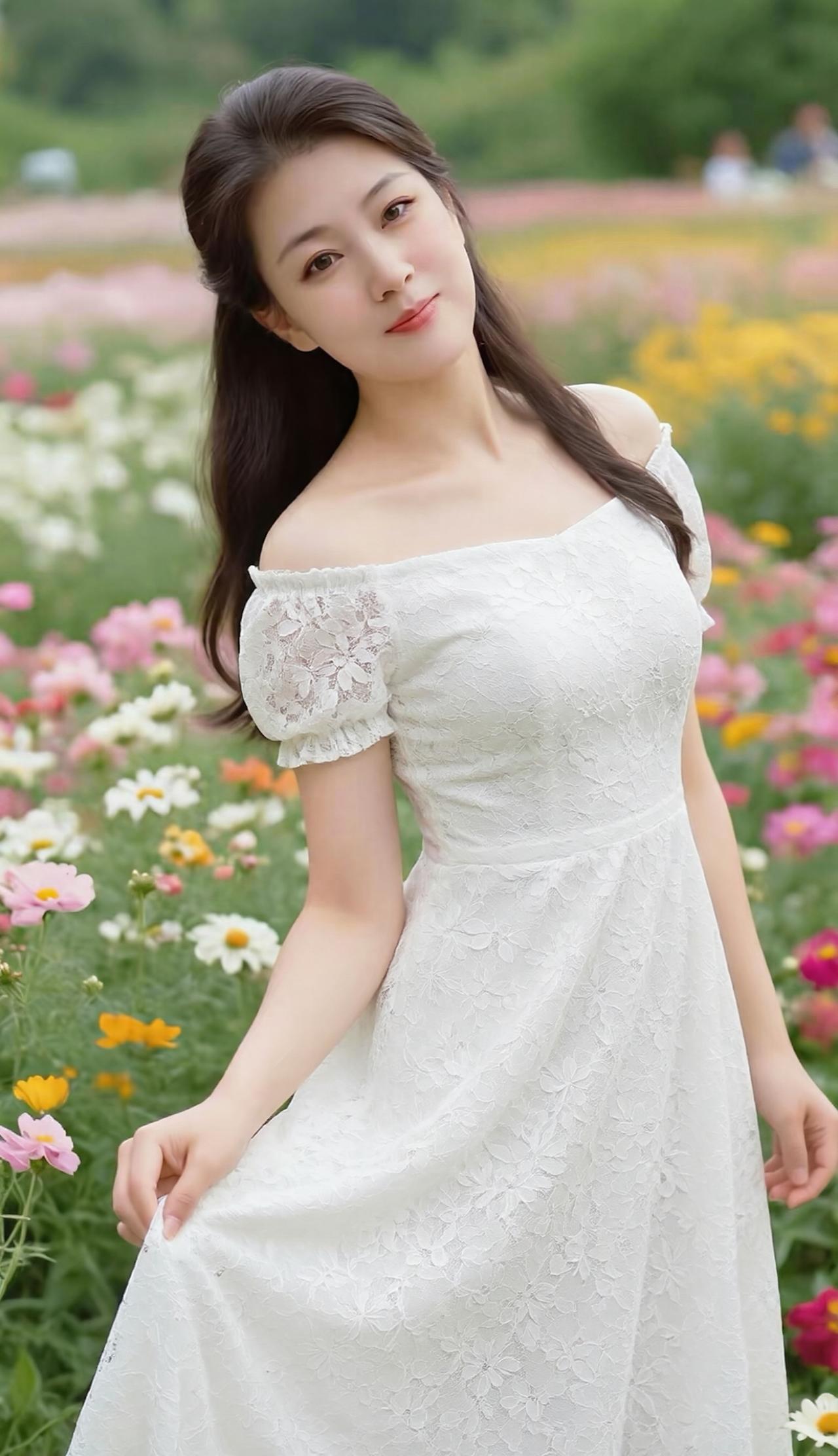 这组照片里的佳人，气质温婉动人，眉眼间透着温柔的韵味，长发披肩，尽显优雅。
花海