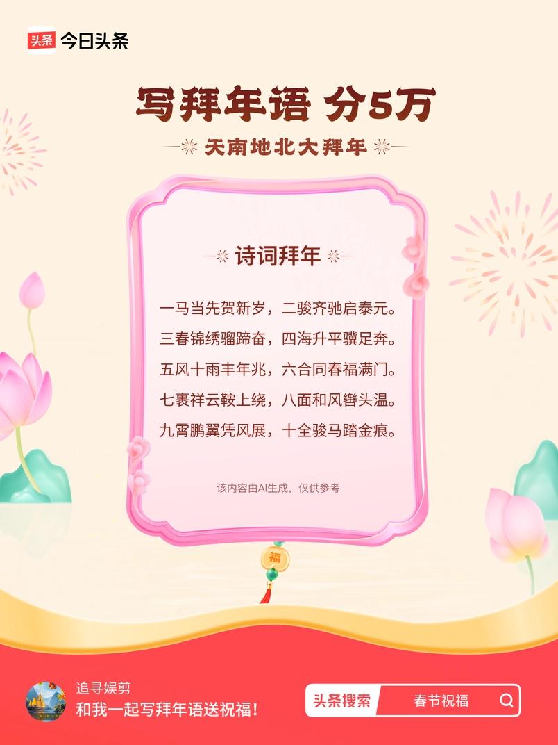 写拜年语送祝福新春拜年送祝福！我的祝福是：“一马当先贺新岁，二骏齐驰启泰元。三春