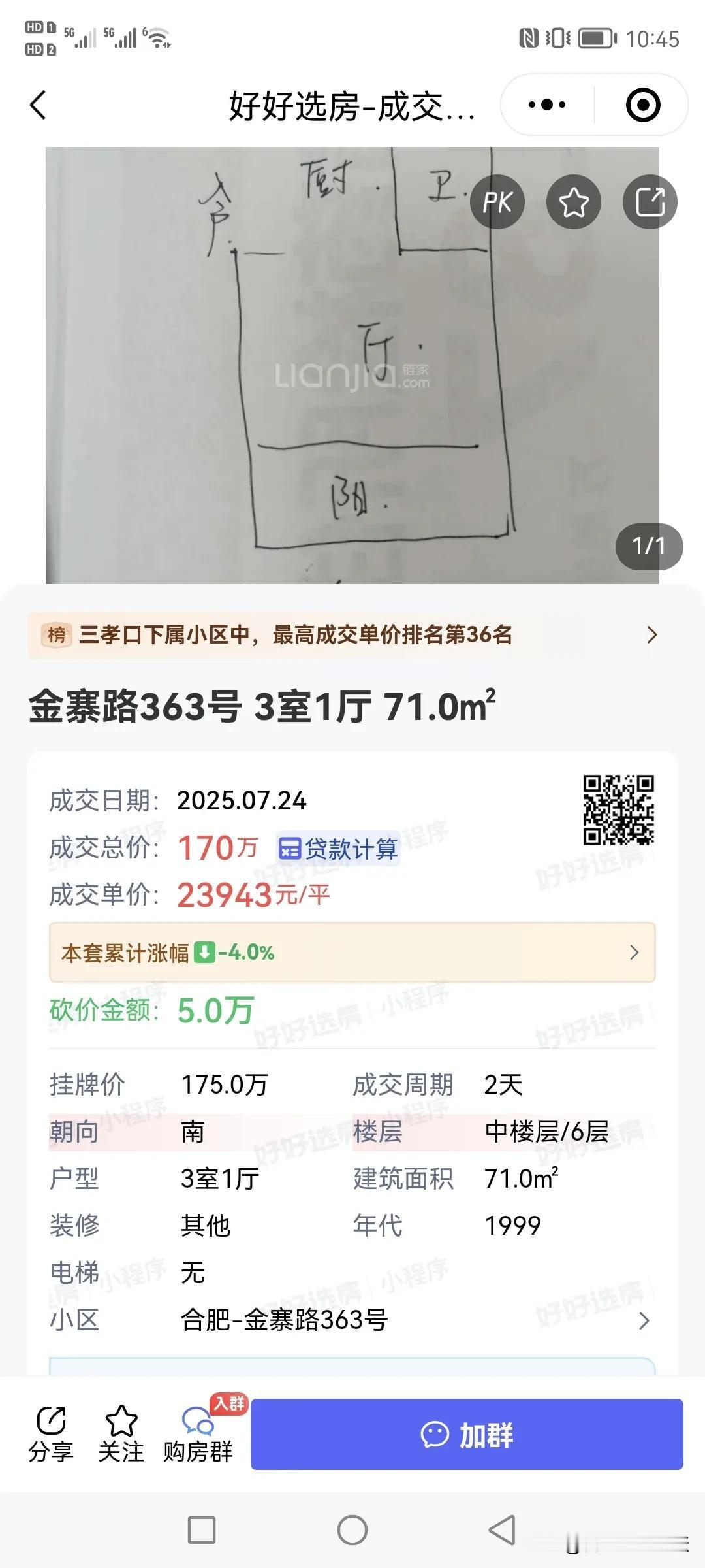 合肥上个世纪的房子，1999年的，这个房子卖了170万，在这个行情的时候。连户型