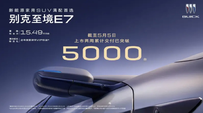 【别克至境 E7 汽车上市两周累计交付突破 5000 台，置换权益价 15.49