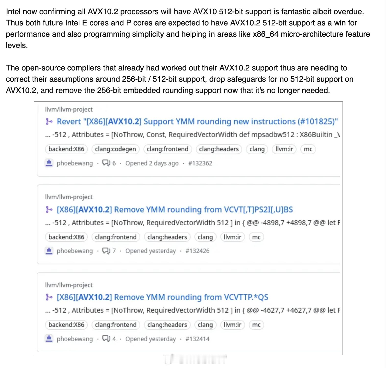 Intel的AVX10.2看起来还是主推512bit的版本，以后应该E核也会有5