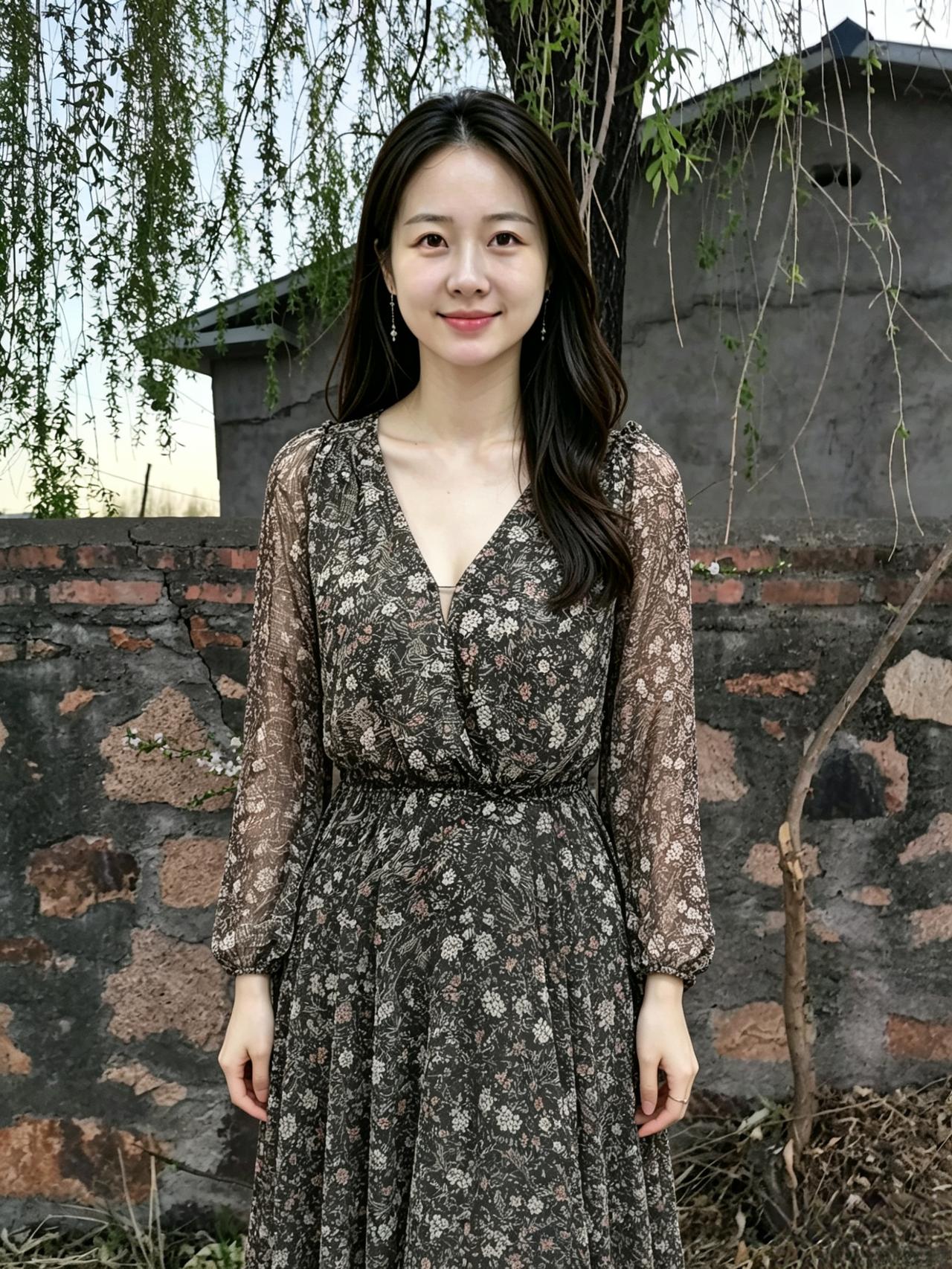 春柳垂轻碧，山花映浅妆。
嫣然一笑里，风染碎花裳。