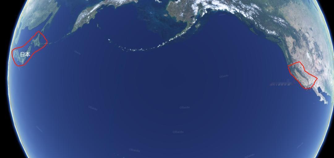 太平洋两岸，日本和加州对比。

面积：日本37.8万km²，加利福尼亚42.4万