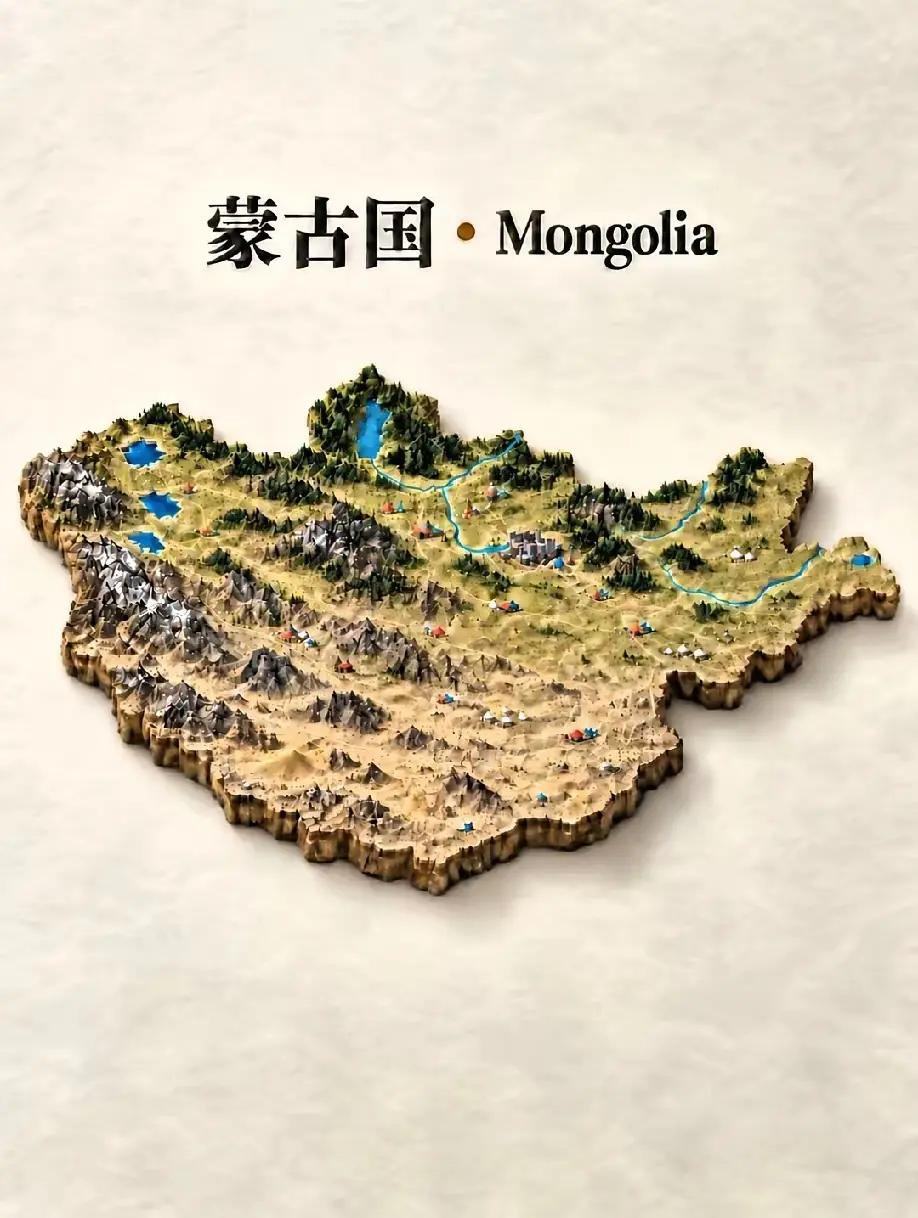 蒙古国主要城市立体图。它清晰呈现了蒙古整体的“北林、中草、南戈壁”地理格局：北部