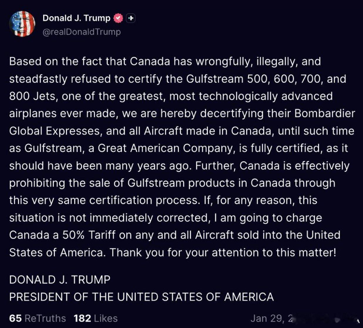 鉴于加拿大拒绝给湾流多个型号的飞机予以认证，懂委员长下令，任何加拿大销往美国的飞