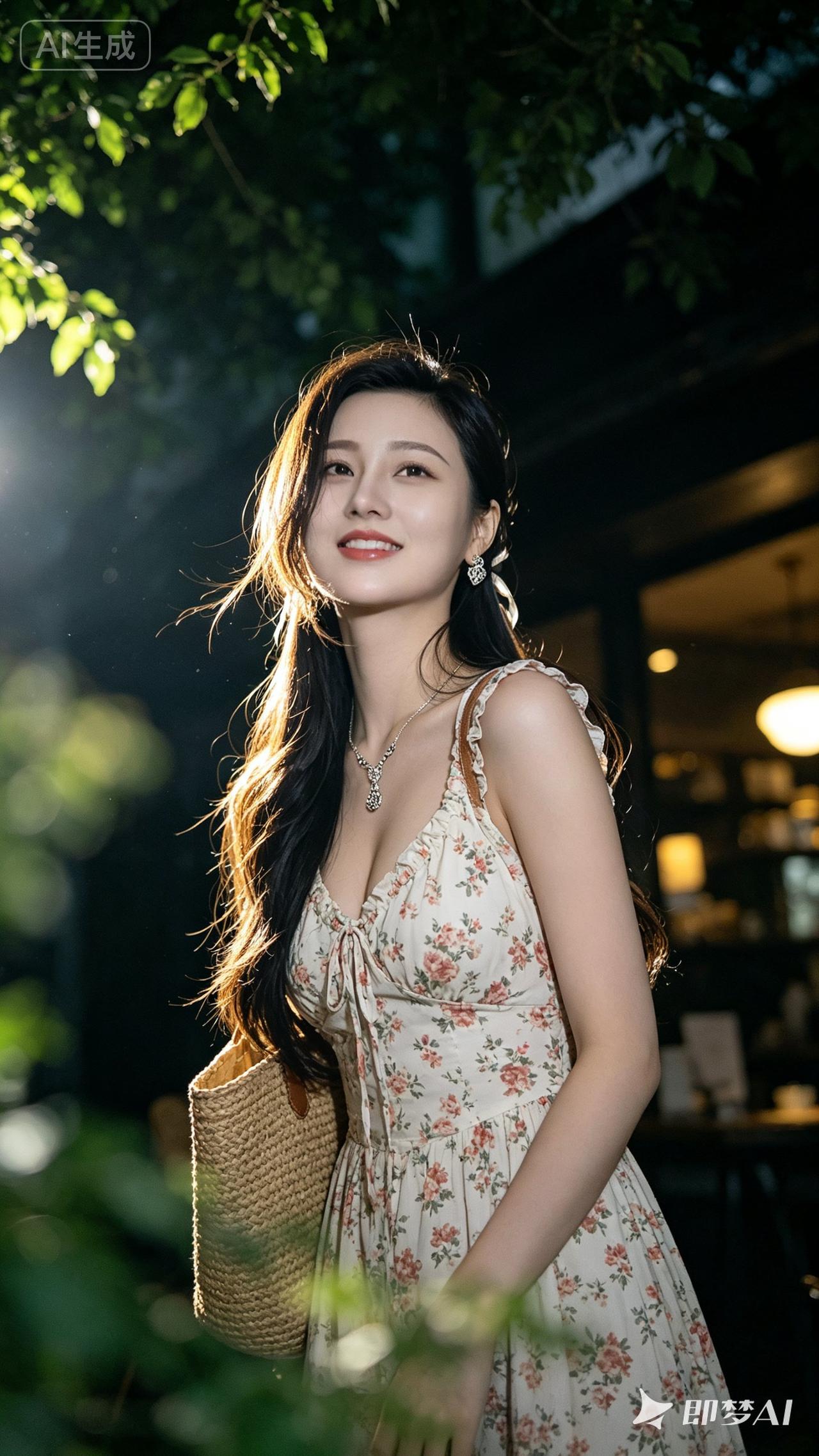 夏日夜晚的浪漫时光，花裙飘飘，微笑如花