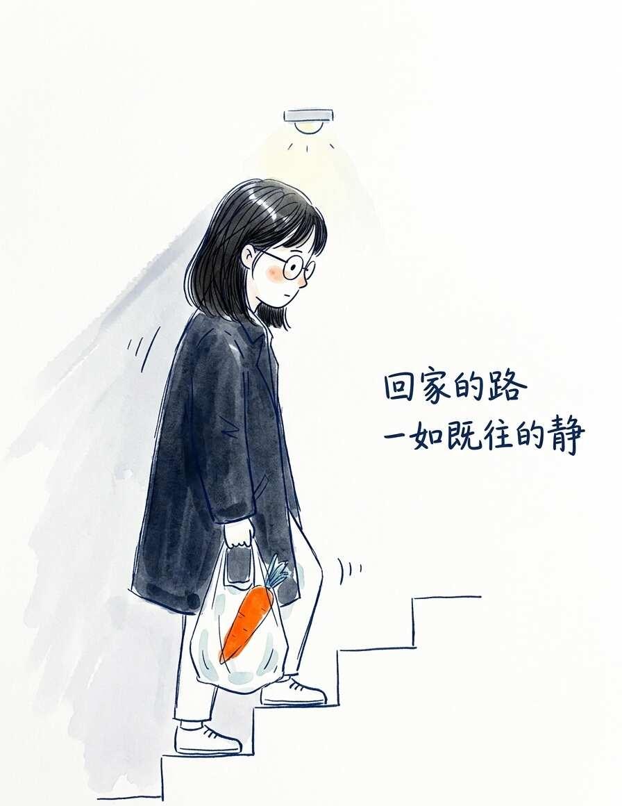 热闹是他们的，今晚我只有地毯和这听啤酒
提着塑料袋， 独自走在老旧公寓没有感应灯