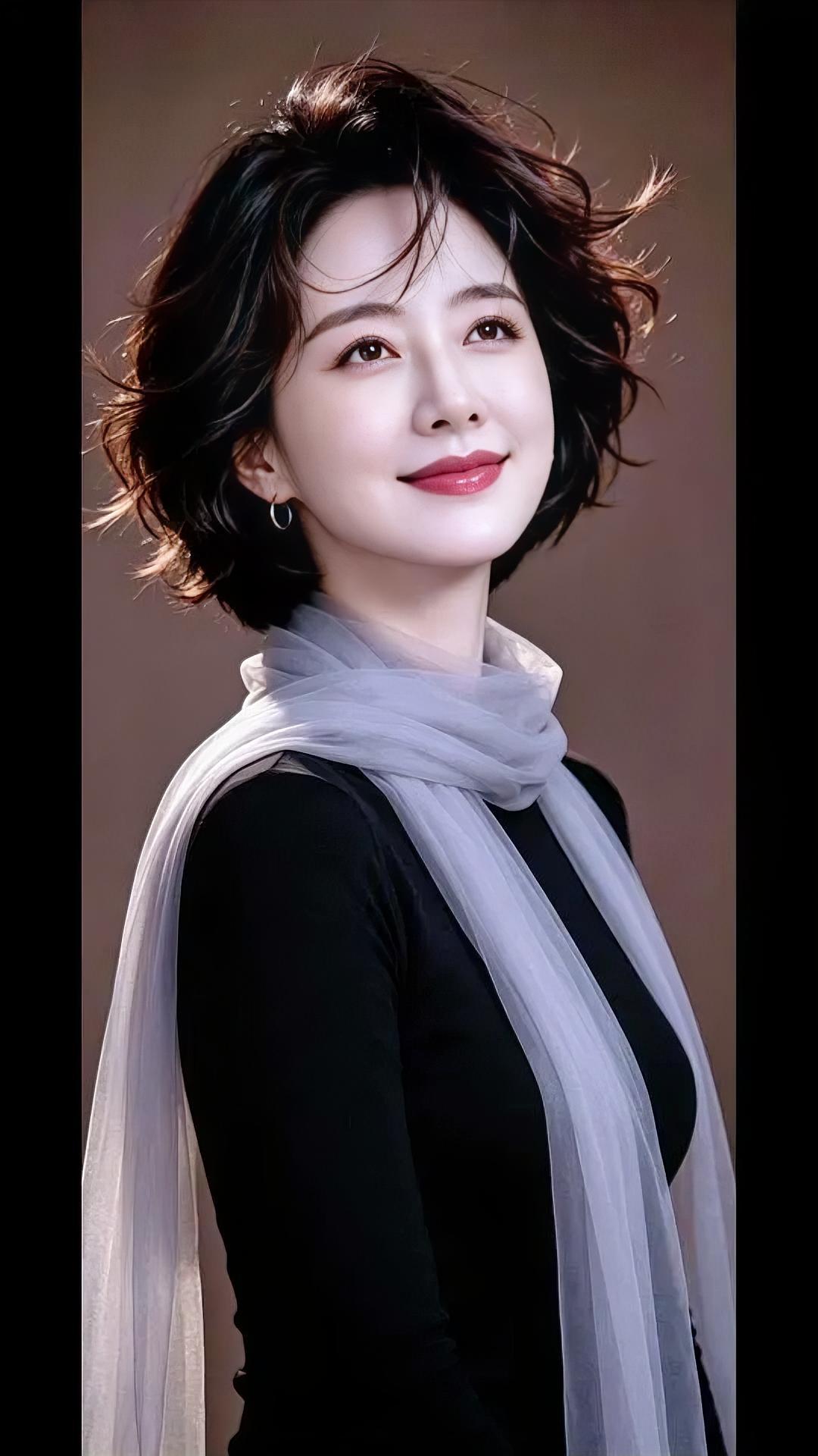 短发扬清风，

笑意浅又明。

黑衣沉静里，

轻纱绕颈生。

灰蓝飘如雾，
