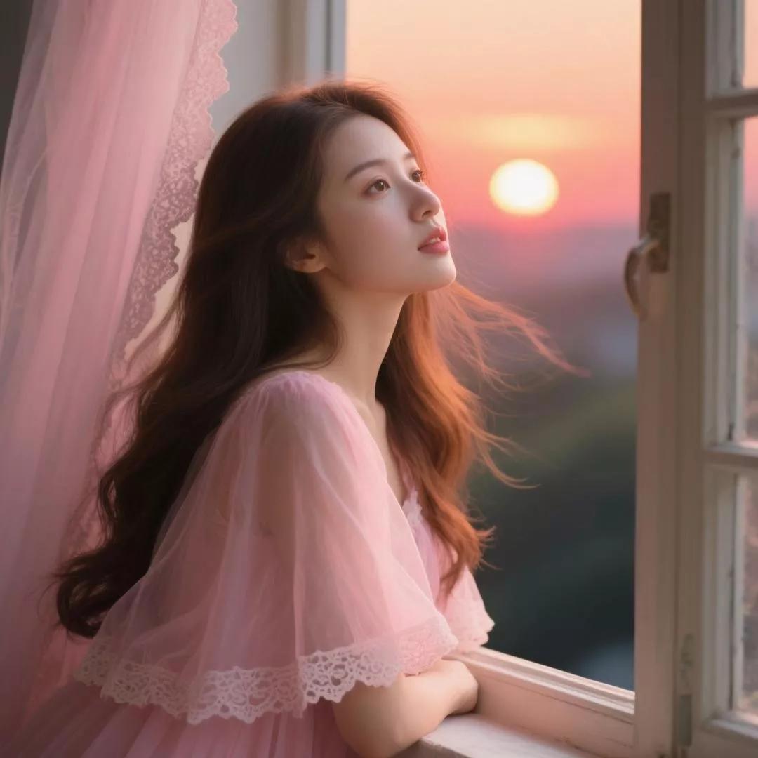 夕阳下，少女倚窗凝望，裙摆轻拂，如梦如幻。秋日少女照 夜景气质少女 江边日落少女