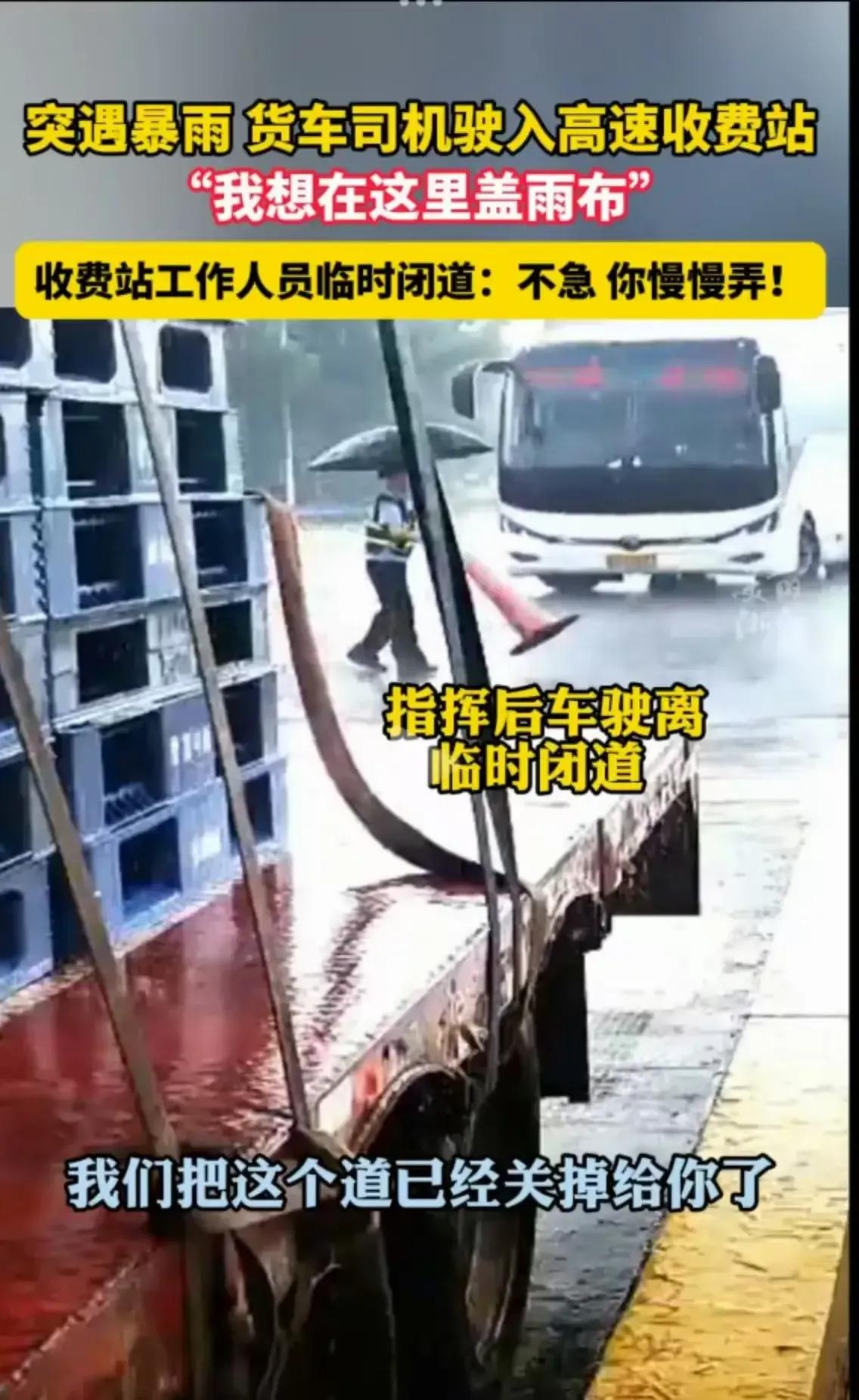 “浙江又火了！”货车高速突遭暴雨，司机仓促驶入收费站，一脸忐忑地问收费员能不能停