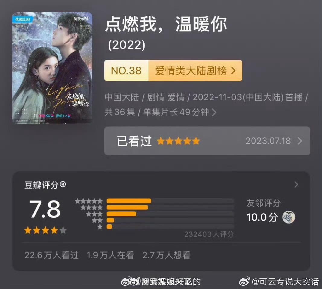 陈飞宇《点燃你温暖我》豆瓣评分从7.6涨到了7.8！评分人数已经高达23万！《献