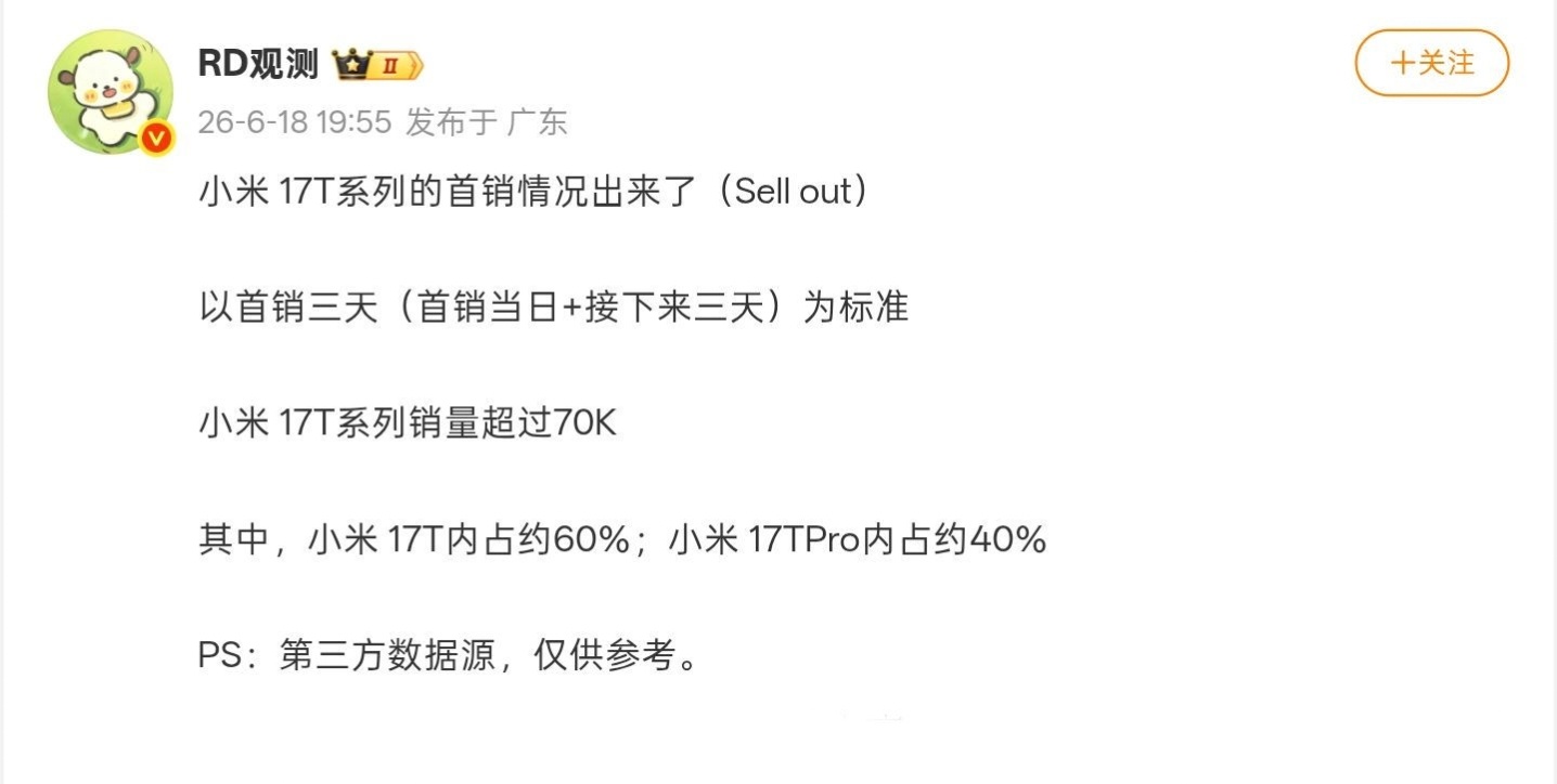 小米 17T系列 首销三天销量曝光：全系超70000台博主「RD观测」昨日分享第