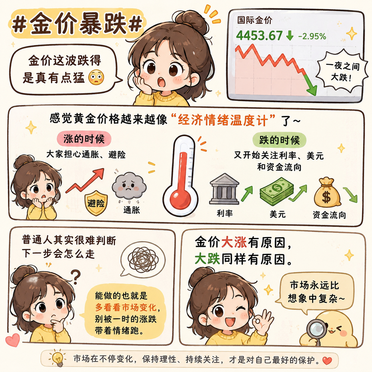 金价暴跌之前有人直接清仓感觉黄金价格越来越像“经济情绪温度计”了，涨的时候大家担